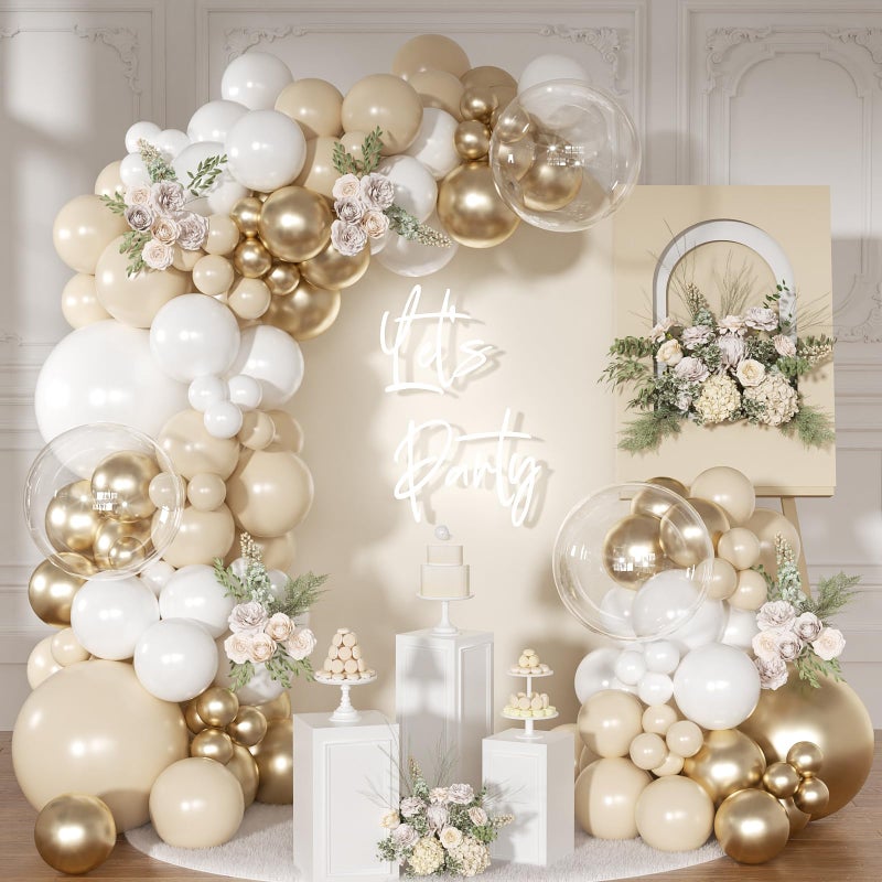 NUTTYBASH White and Gold Balloon Arch Kit, Metallic Gold and Sand White Balloon Garland Kit for Wedding Birthday Baby Shower Gender Reveal Bridal Decorations - Image 1