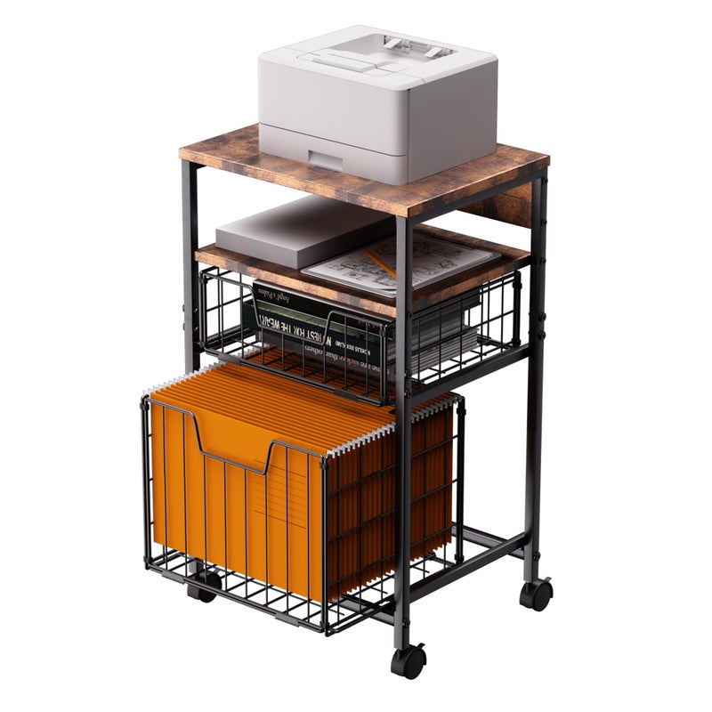 ZNMYDMT 4-Tier Rolling File Cart | 2-Drawer Mobile Filing Cabinet & Printer Stand with Hanging Organizer - Dark Brown - Image 1