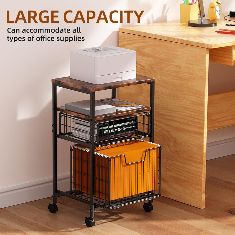 ZNMYDMT 4-Tier Rolling File Cart | 2-Drawer Mobile Filing Cabinet & Printer Stand with Hanging Organizer - Dark Brown - Image 2