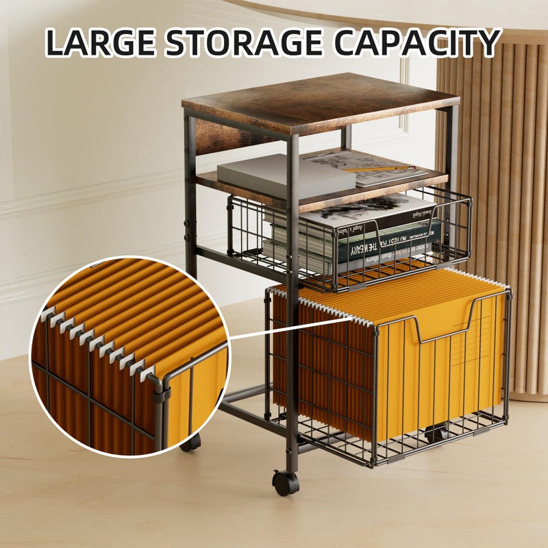 ZNMYDMT 4-Tier Rolling File Cart | 2-Drawer Mobile Filing Cabinet & Printer Stand with Hanging Organizer - Dark Brown - Image 4