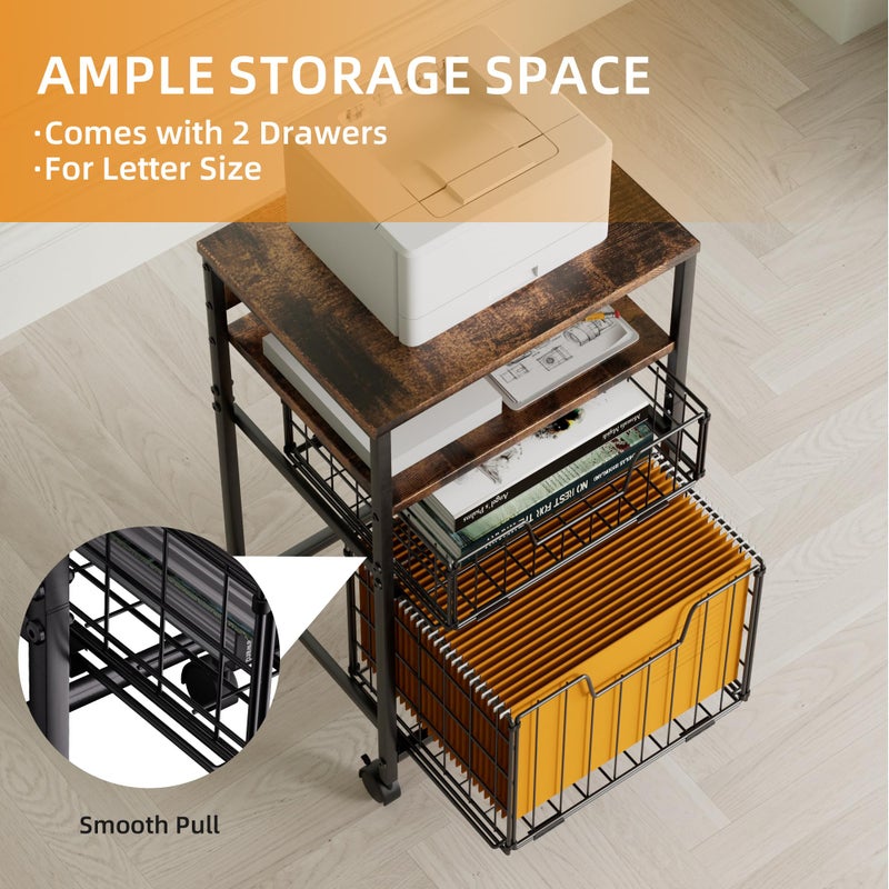 ZNMYDMT 4-Tier Rolling File Cart | 2-Drawer Mobile Filing Cabinet & Printer Stand with Hanging Organizer - Dark Brown - Image 3