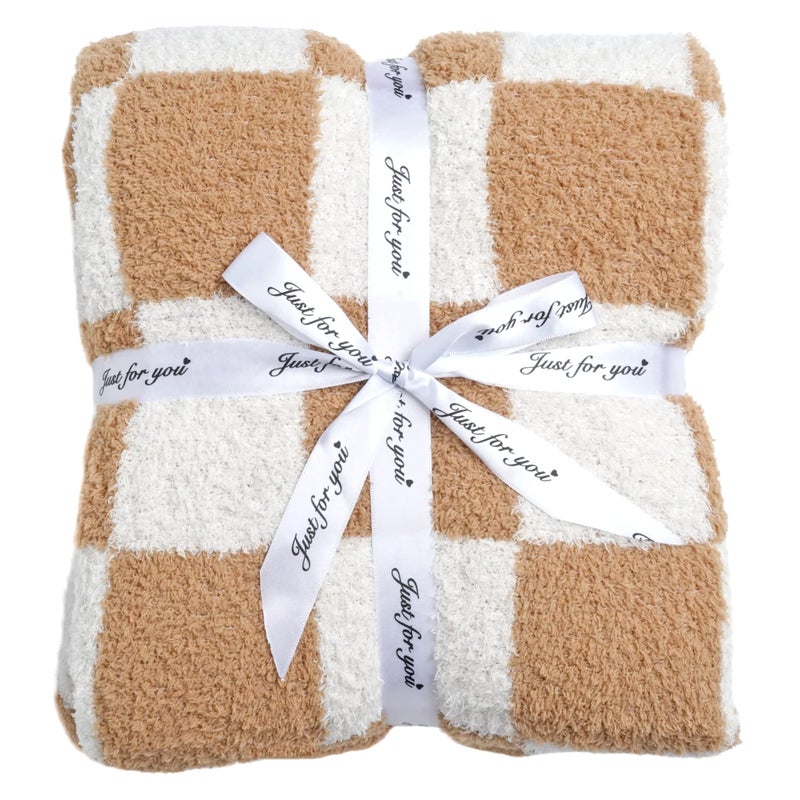 Ultra Soft Checkered Blanket Cozy Buffalo Check Throw Fluffy Knitted Reversible Throw Blanket Lightweight Fleece Checkerboard Grid Blanket for Sofa Couch Bed Travel Orange Khaki 51x63