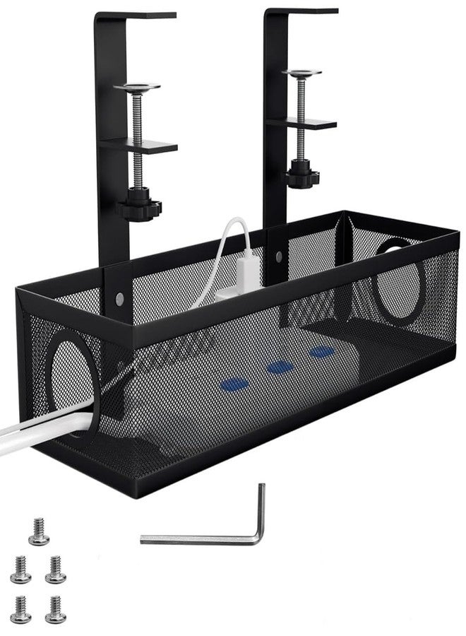Veemok Adjustable Under Desk Cable Organizer Rack (Black) - Metal Wire Management Tray for Power Strips, Extension Cords & Cables - Clamp-On or Screw-Fixed Desk Holder for Home & Office - Image 1