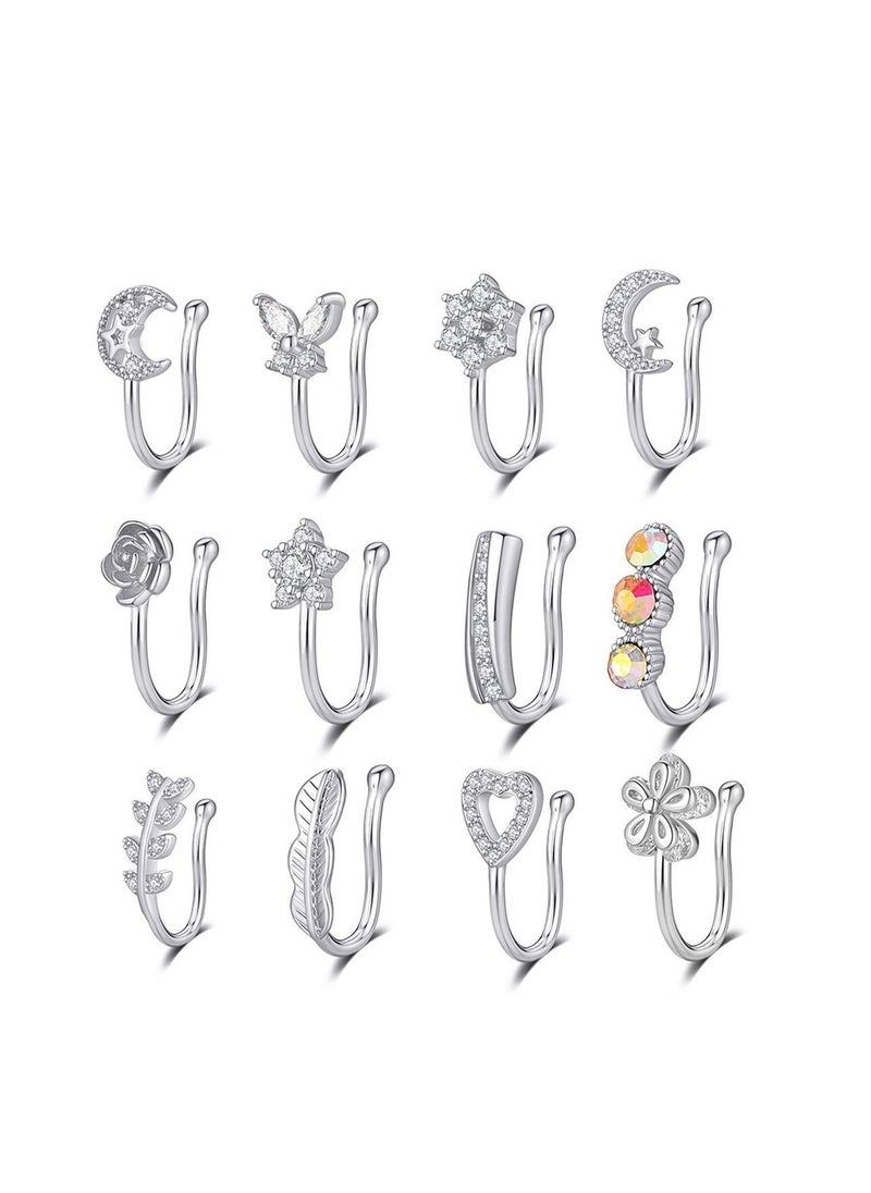 Y&D Fake Nose Ring Hoop Stud Cuff 9Pcs Stainless Steel Faux Piercing Jewelry Clip on Lip Ear for Women Men Non Women's Men's Gifts Silver  - Image 1
