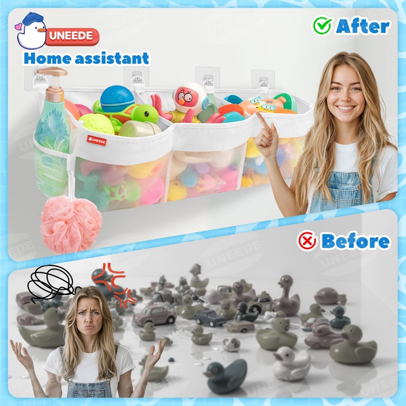 UNEEDE 3 Compartment Horizontal Bath Toy Organizer for Tub,Extra Large Capacity 4.95 Gallons Bath Toy Storage Holder,Mesh Quick Dry Bathtub Storage and Organizer,Easy Access Baby Bathtub Holder - Image 2