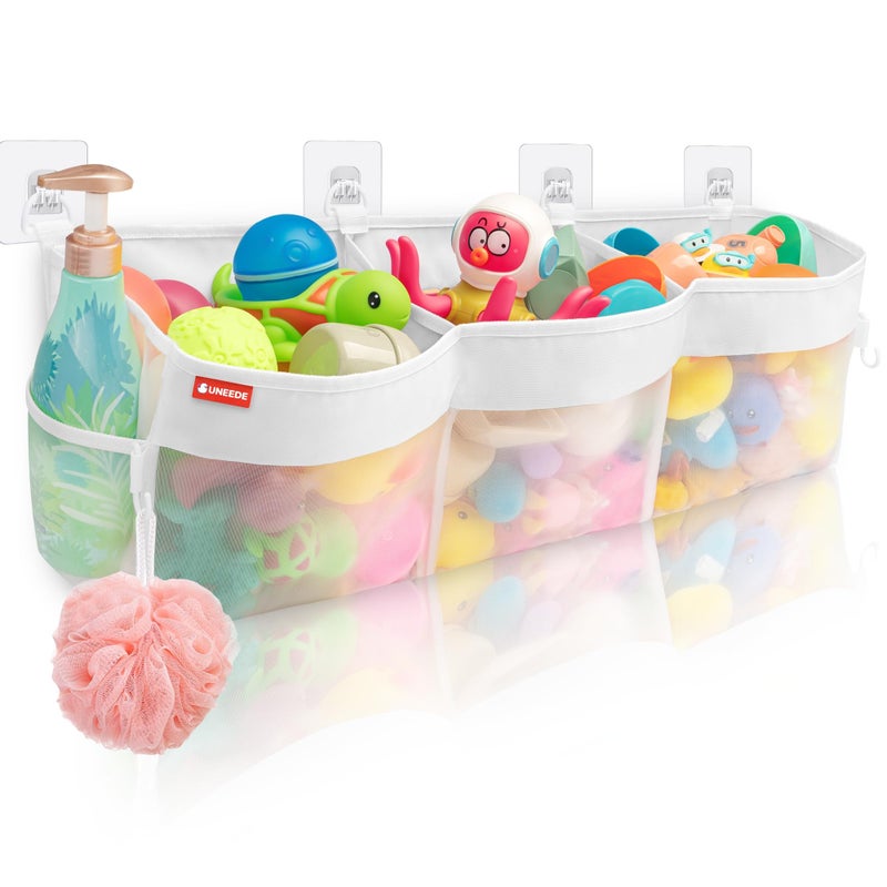 UNEEDE 3 Compartment Horizontal Bath Toy Organizer for Tub,Extra Large Capacity 4.95 Gallons Bath Toy Storage Holder,Mesh Quick Dry Bathtub Storage and Organizer,Easy Access Baby Bathtub Holder - Image 1