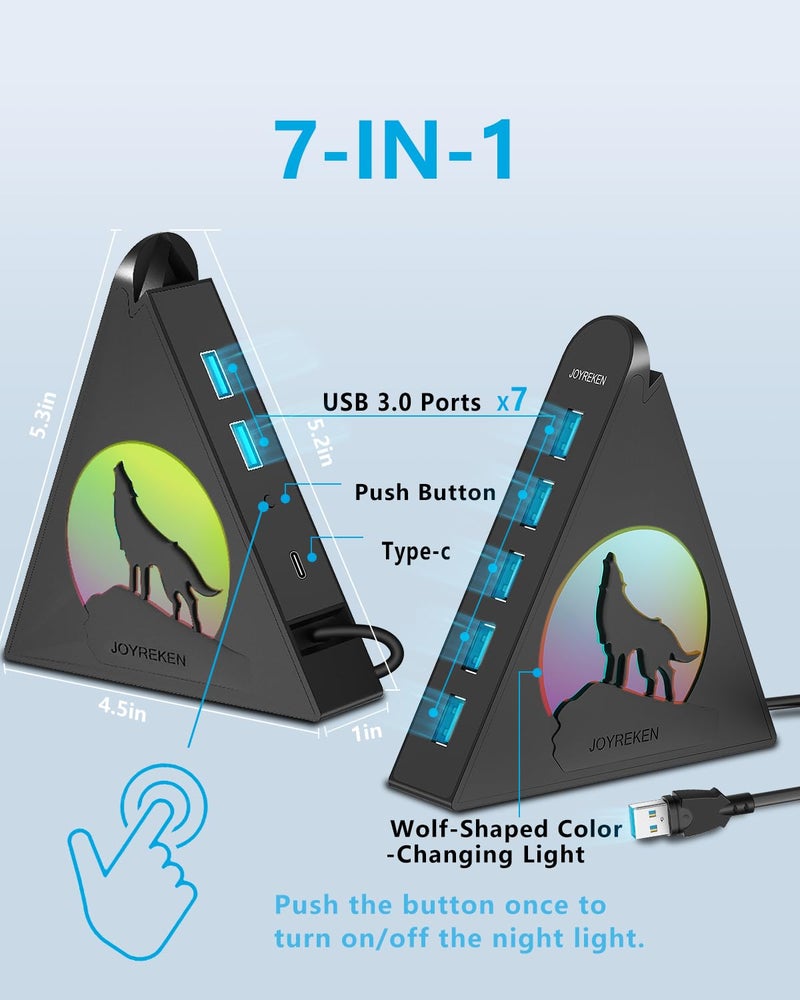 JoyReken USB Hub 3.0, 7-Port USB Hub with RGB Night Light and Base, Vertical USB a Splitter for Desktop,Laptop, MacBook, Xbox, PS4/5, Game Console, Flash Drive, XPS, PC, Printer, Camera, Keyboard - Image 2