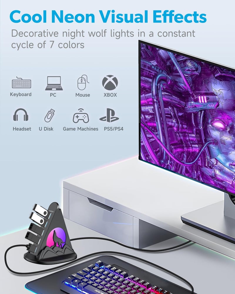 JoyReken USB Hub 3.0, 7-Port USB Hub with RGB Night Light and Base, Vertical USB a Splitter for Desktop,Laptop, MacBook, Xbox, PS4/5, Game Console, Flash Drive, XPS, PC, Printer, Camera, Keyboard - Image 5