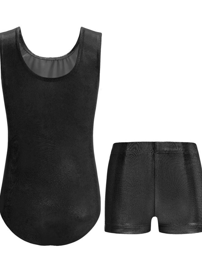 Nymphperi Gymnastics Leotards for Girls 7-8 Years Old Shiny Solid Black Bodysuits with Sparkly Soft Shorts for Child Practice Camp - Image 2