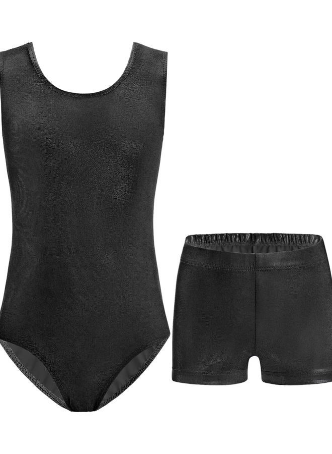 Nymphperi Gymnastics Leotards for Girls 7-8 Years Old Shiny Solid Black Bodysuits with Sparkly Soft Shorts for Child Practice Camp - Image 1