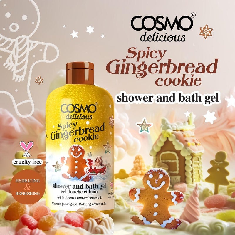 COSMO جل استحمام و حمام كعكة الزنجبيل الحارة لذيذ من كوزمو مع الألوة فيرا 400 مل، غسول جسم مرطب ومنعش، رائحة توابل دافئة، إزالة الجلد الميت، منظف للجسم، جل استحمام للنساء والرجال - Image 2
