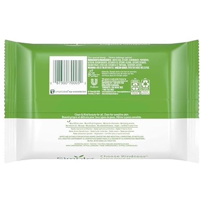 Simple Kind to Skin Facial Wipes Gentle and Effective Makeup Remover Cleansing Free from color and dye artificial perfume and harsh chemicals, 25 Count (Pack of 2) - Image 2