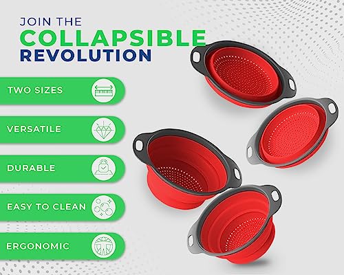 Comfify Ultimate Kitchen Strainers Set of 2 - Collapsible Silicone Colanders For Easy Storage by Comfify - Use with Pasta & Veggies or as a Fruit or Berry Bowl with Strainer - Irreplaceable for Campers - Red - Image 2