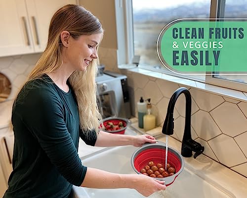 Comfify Ultimate Kitchen Strainers Set of 2 - Collapsible Silicone Colanders For Easy Storage by Comfify - Use with Pasta & Veggies or as a Fruit or Berry Bowl with Strainer - Irreplaceable for Campers - Red - Image 5