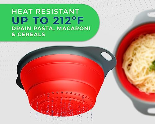 Comfify Ultimate Kitchen Strainers Set of 2 - Collapsible Silicone Colanders For Easy Storage by Comfify - Use with Pasta & Veggies or as a Fruit or Berry Bowl with Strainer - Irreplaceable for Campers - Red - Image 4