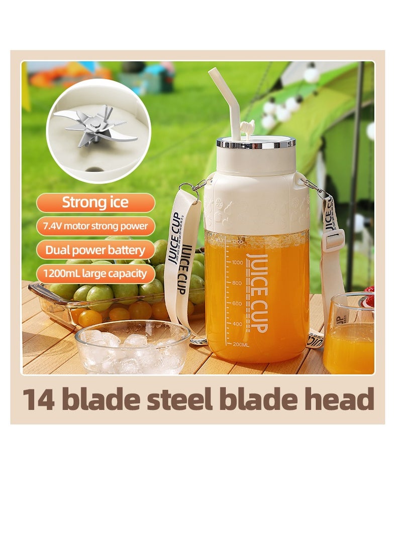 Portable Wireless Juicer Cup, 14 Stainless Steel Blades, with Straw for Direct Drinking, USB Rechargeable Dual Speed, Ice Crushing, Multi-functional Electric Blender for Home, Office, Travel, 1200ML Large Capacity Creative Gift(K3-White)  - Image 2