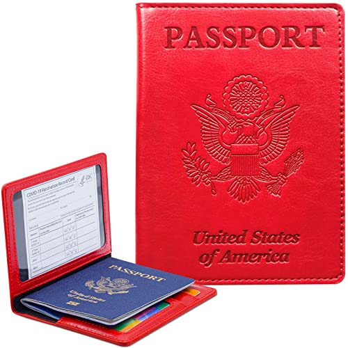 KAOBAN Passport Holder Cover Wallet Case RFID Blocking Leather Card Slot Travel Accessories Documents Organizer Protector for Women Men, Red - Image 1