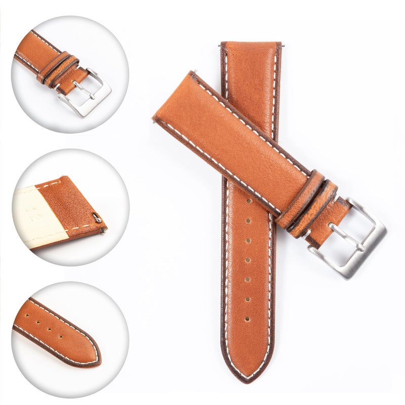 Berfine 20mm Top Grain Leather Watch Band, Quick Release Watch Strap, Tan - Image 3