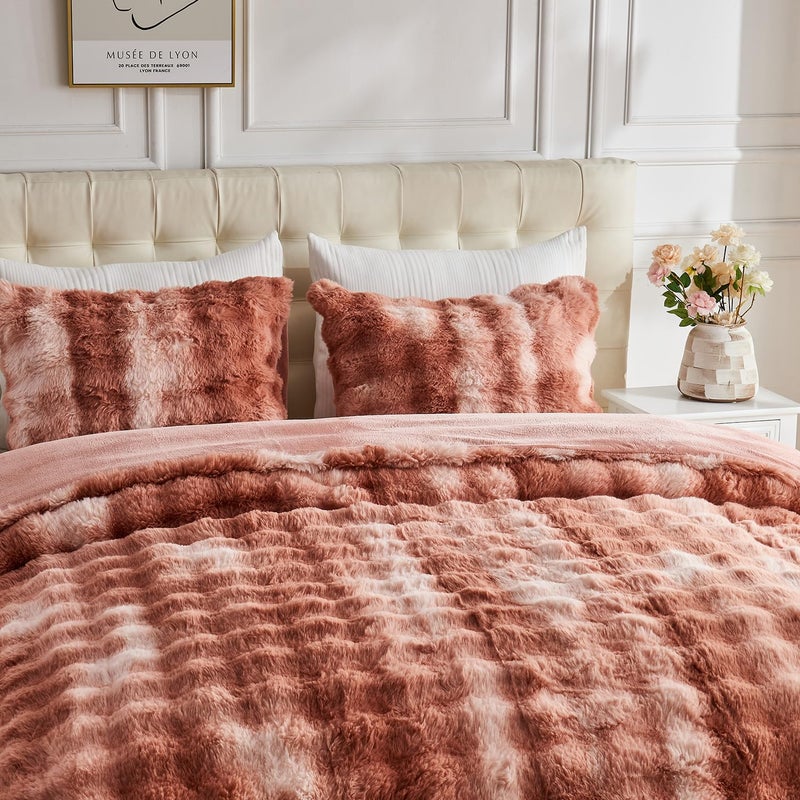 Lotus Karen Lotus Karen Fluffy Comforter Cover Set-Rabbit Fluff Faux Fur Duvet Cover King Size Tie-Dye Old Pink Plush Fuzzy Furry Bedding Sets 3Pieces(1 Duvet Cover & 2 Pillow Shams)  - Image 5
