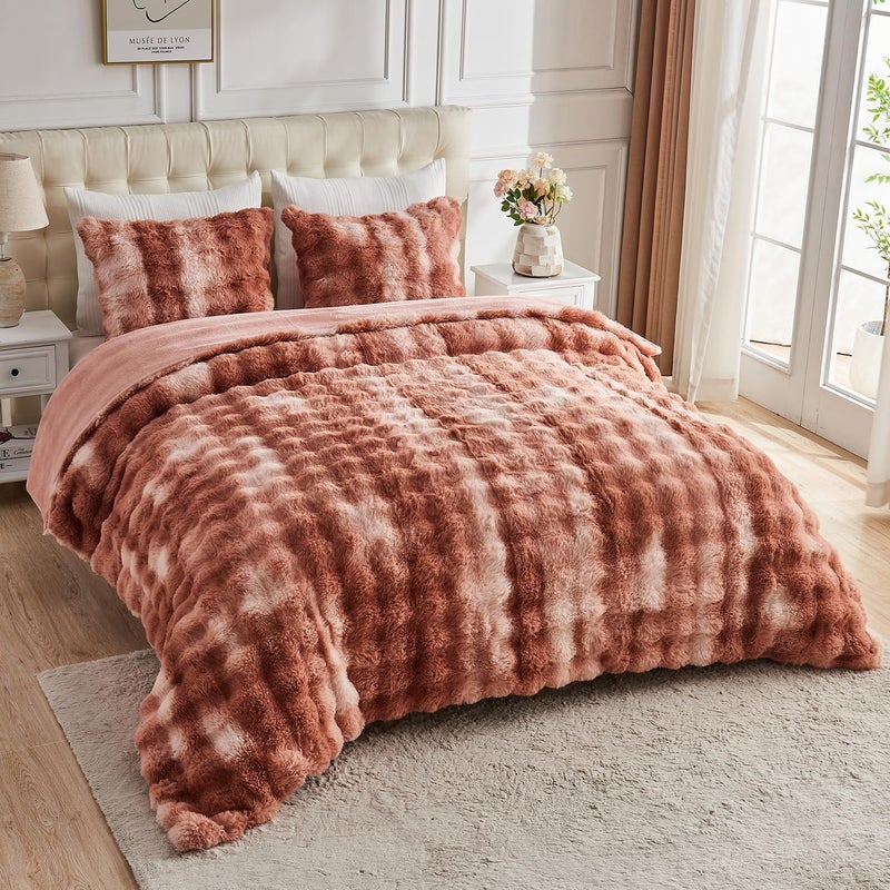 Lotus Karen Lotus Karen Fluffy Comforter Cover Set-Rabbit Fluff Faux Fur Duvet Cover King Size Tie-Dye Old Pink Plush Fuzzy Furry Bedding Sets 3Pieces(1 Duvet Cover & 2 Pillow Shams)  - Image 4