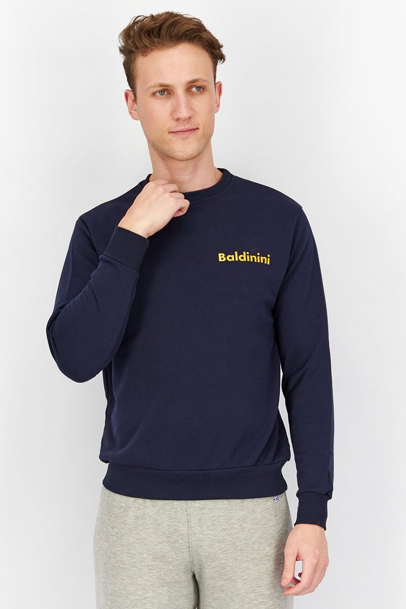 Baldinini Men Crew Neck Brand Logo Long Sleeves Sweatshirt, Navy Blue - Image 1