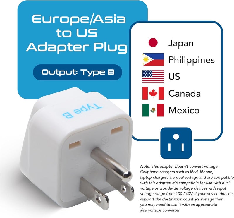 Ceptics , Type B, Travel Adapter Plug - White Color - Pack of 3, GP-5-3PK, - Image 3