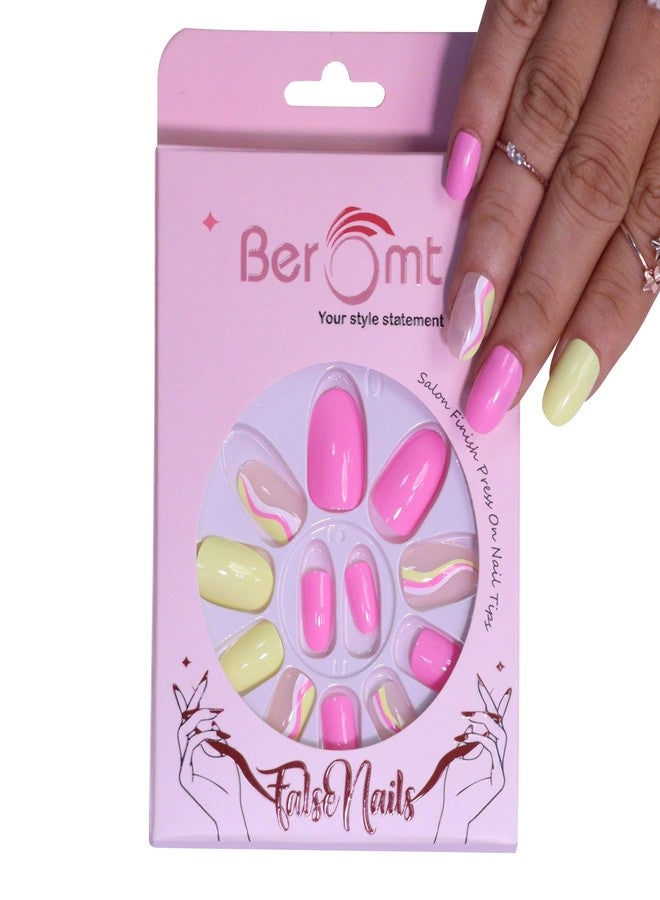 Beromt 12 Pcs Printed Casual False Nails, Nail Art kit for Women Cute Nail Designs Multicolor Pack with Nail Glue Stickers Artificial Fake Nails- BFN789CN - Image 1