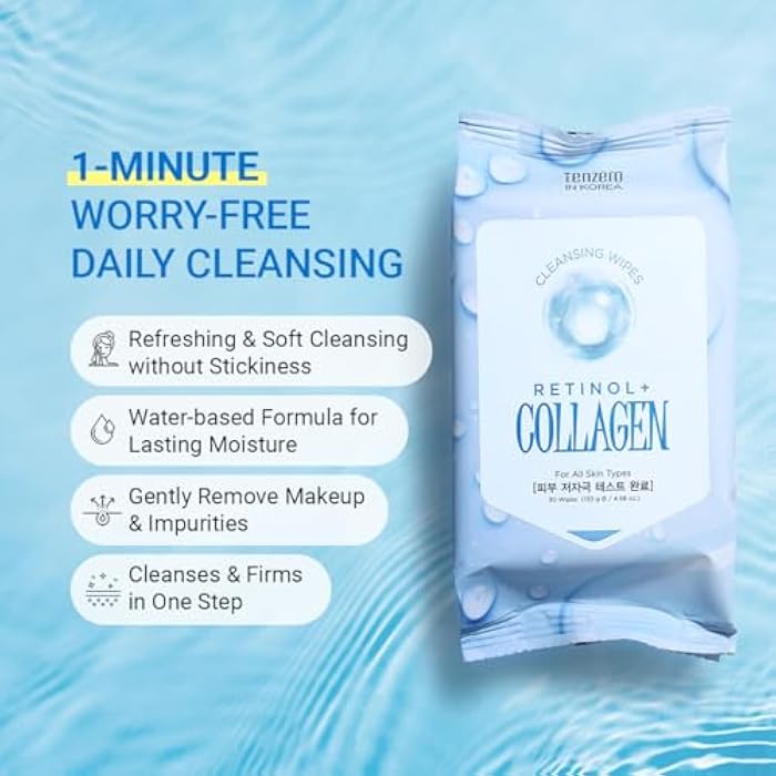 tenzero Retinol Collagen Cleansing Wipes 150 Wipes (30 x 5 Packs), Makeup Remover, Facial Towelettes, Deep Cleansing, Hydrating, Nourishing with Retinol, Collagen, Hypoallergenic, All Skin Types - Image 5