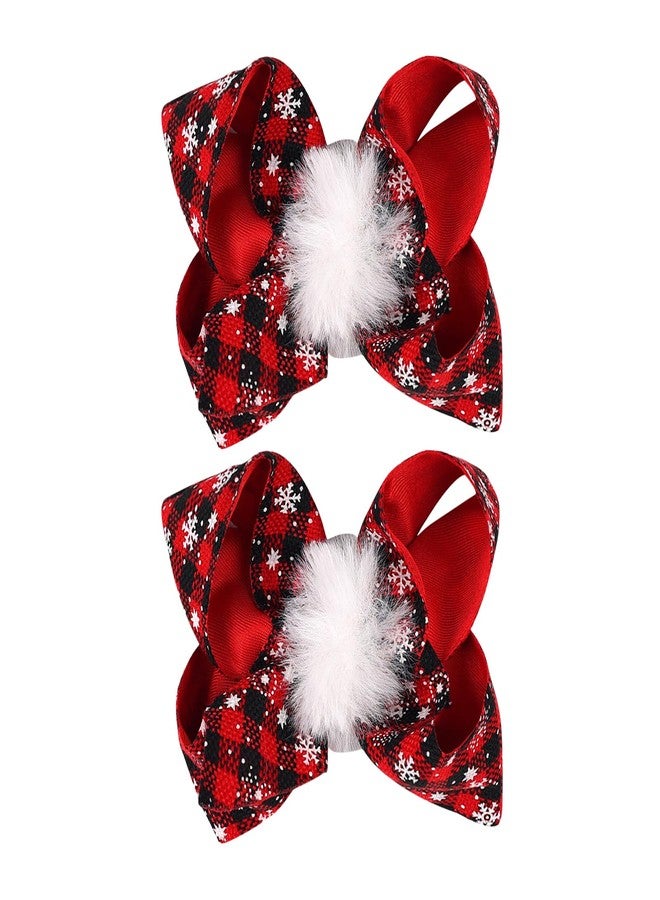 ZEYER Christmas Hair Clips Red Black Plaid Hair Bows Hair Clips with White Hairball Snowflake Pattern Design Festive Holiday Hairpins Christmas Hair Accessories for Women Girls 2PCS (Red black) - Image 1