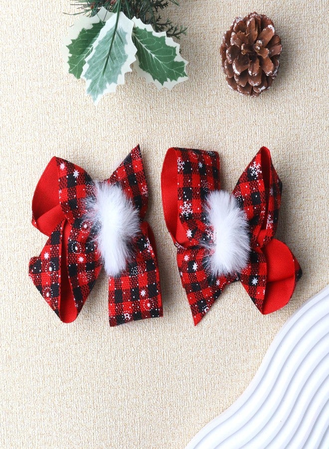 ZEYER Christmas Hair Clips Red Black Plaid Hair Bows Hair Clips with White Hairball Snowflake Pattern Design Festive Holiday Hairpins Christmas Hair Accessories for Women Girls 2PCS (Red black) - Image 2