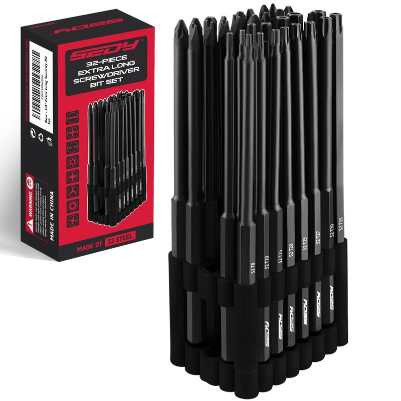 SEDY Extra Long Security Bit Set: 32-Piece S2 Steel Screwdriver Drill Bits for Tamper-Proof Screws, 6" Torx, PoziDriv, Spanner, Tri-Wing - Universal 1/4" Hex Shank for Electric, Impact Drills - Image 1