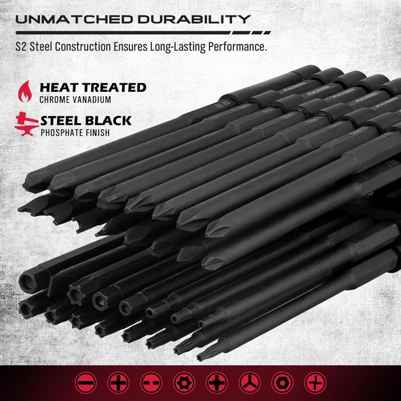 SEDY Extra Long Security Bit Set: 32-Piece S2 Steel Screwdriver Drill Bits for Tamper-Proof Screws, 6" Torx, PoziDriv, Spanner, Tri-Wing - Universal 1/4" Hex Shank for Electric, Impact Drills - Image 3