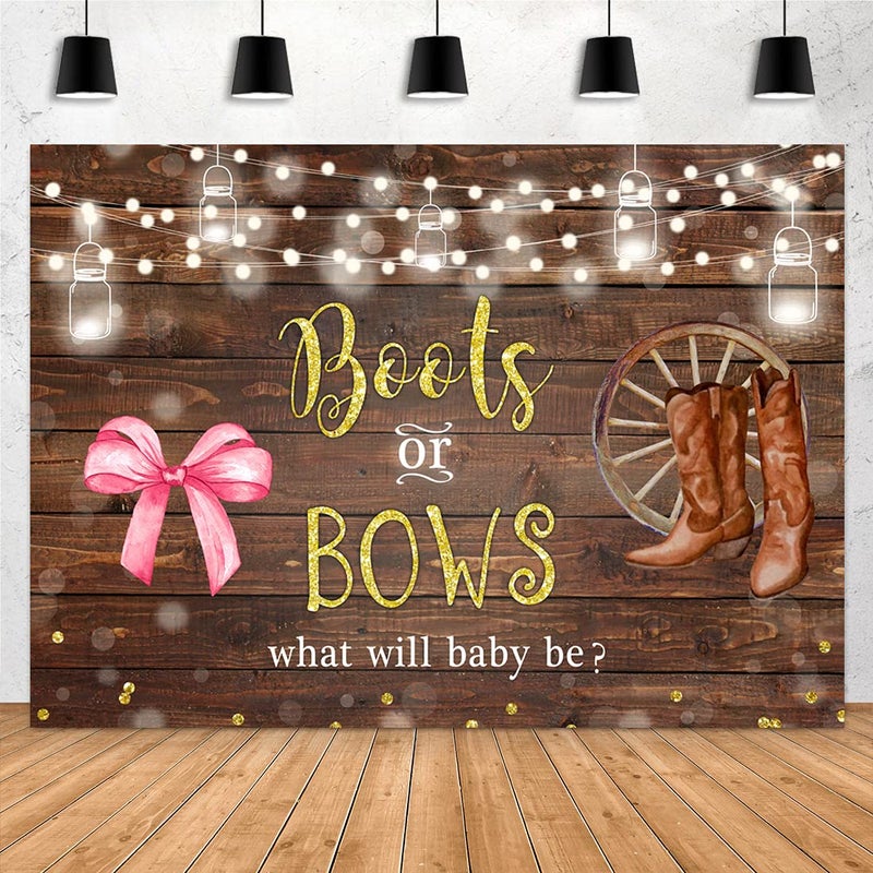 Aperturee 7x5ft Boots or Bows Gender Reveal Backdrop He or She What Will Baby Be Floral Rustic Wood Baby Shower Pregnancy Reveal Photography Background Party Decoration Banner Photo Booth Studio Prop