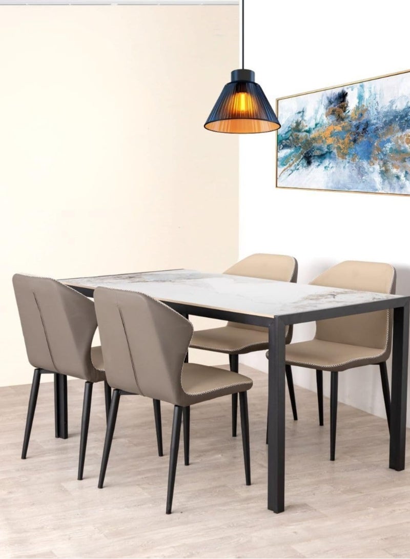 ALWASIT HOME 1+4 Seater Marble Top Dining Table Set | Modern Luxury Dining Room Furniture | Leather Upholstered Chairs with Backrest | Elegant Kitchen Dining Set for Home & Apartment Decor Beige Color - Image 1