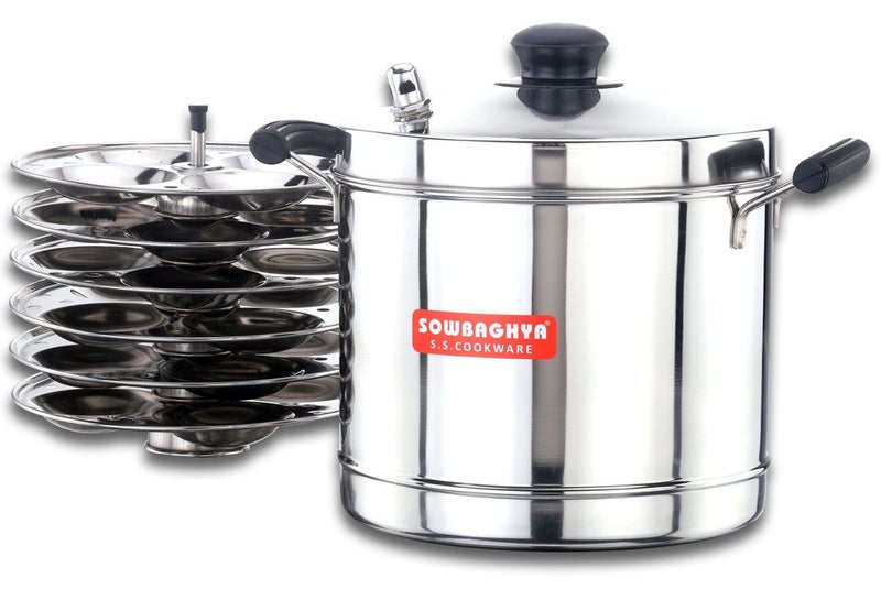 Sowbaghya Stainless Steel Idli Cooker with 6 Plates (24 Idlis, Round Shape, Silver Finish) - Image 4