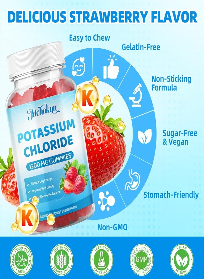 Mchokuu Potassium Chloride Gummies 1200mg for Adults & Kids, Sugar-Free Potassium Supplement Gummies Support Leg Cramps & Electrolyte Balance for Women & Men, Strawberry Flavor, 60 Count - Image 4
