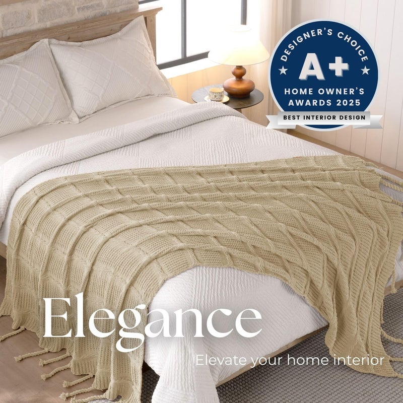 DOWN HOME Boho Knitted Chenille Blanket with Tassels - Lightweight & Soft All-Season Throw - 3D Classic Pattern for Living Room Bedroom Couch, Sandy Beige, Throw 50"x60" - Image 2
