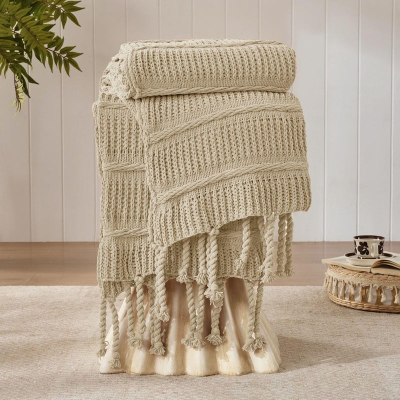 DOWN HOME Boho Knitted Chenille Blanket with Tassels - Lightweight & Soft All-Season Throw - 3D Classic Pattern for Living Room Bedroom Couch, Sandy Beige, Throw 50"x60" - Image 1