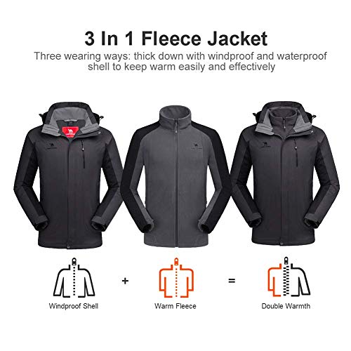 CAMEL CROWN Men’s Ski Jacket 3 in 1 Waterproof Winter Jacket Snow Jacket Windproof Hooded with Inner Warm Fleece Coat Dark Grey - Image 4