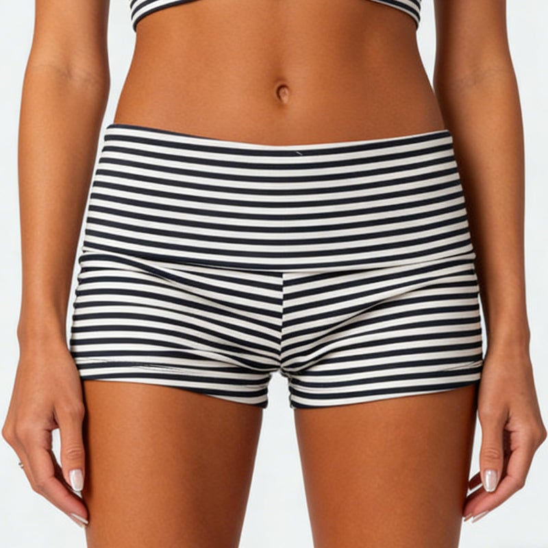 KMBANGI Women Fold Over Shorts Elastic Waist Y2k Lounge Shorts Foldover Cute Pajama Bottoms Soft Sleepwear(Basic Striped Black,M) - Image 2
