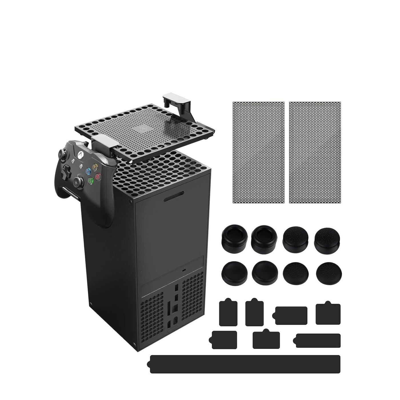 Dust Filter Cover for Xbox Series X, Xbox Series X Accessories, 21PCS Xbox Accessories with 1 Top Dust Filter Cover, 2 Holders, 2 Back Dust Filter Covers, 8 Silicone Plugs and 8 Thumb Grip Caps
