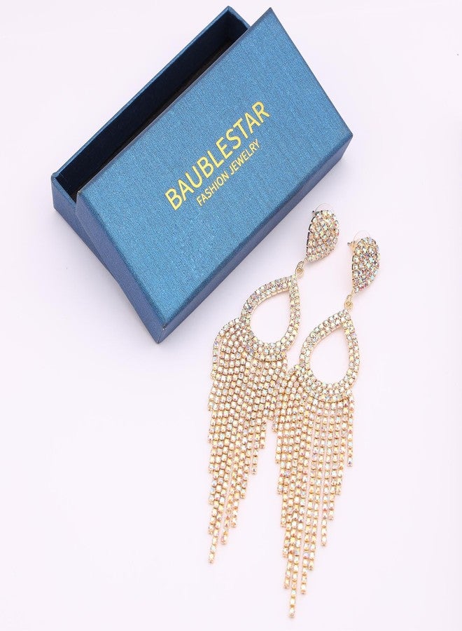 BaubleStar Rhinestone Teardrop with Long Tassel Earrings Cubic Zirconia Crystal Fringe Statement Chandelier Tear Drop Dangle Wedding Jewelry for Women 14K Gold Plated - Image 4