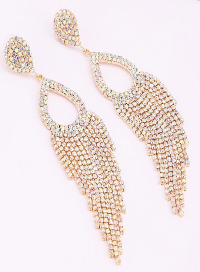 BaubleStar Rhinestone Teardrop with Long Tassel Earrings Cubic Zirconia Crystal Fringe Statement Chandelier Tear Drop Dangle Wedding Jewelry for Women 14K Gold Plated - Image 3