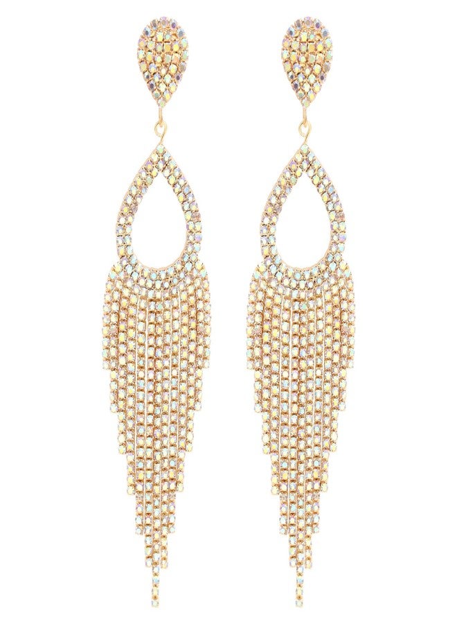 BaubleStar Rhinestone Teardrop with Long Tassel Earrings Cubic Zirconia Crystal Fringe Statement Chandelier Tear Drop Dangle Wedding Jewelry for Women 14K Gold Plated - Image 1