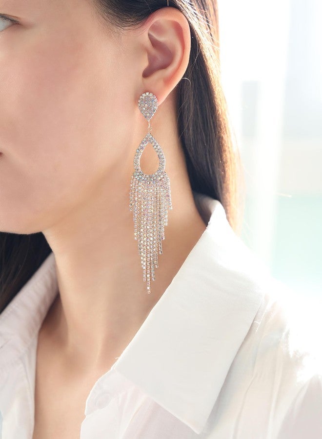 BaubleStar Rhinestone Teardrop with Long Tassel Earrings Cubic Zirconia Crystal Fringe Statement Chandelier Tear Drop Dangle Wedding Jewelry for Women 14K Gold Plated - Image 2