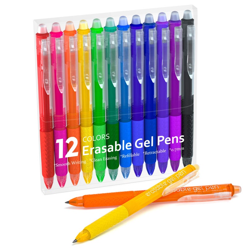 Lineon Erasable Gel Pens, 12 Colors Retractable Fine Point Erasable Pens Clicker, Assorted Color Inks, Make Mistakes Disappear for Drawing Writing Planner and Crossword Puzzles - Image 1