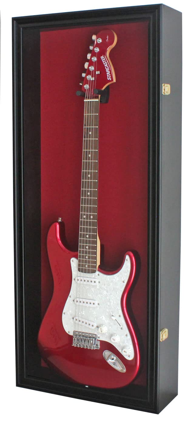 DisplayGifts 42 Electric Guitar Display Case Cabinet Shadow Box with Guitar Hanger Stand Lockable UV Protection Red Felt Interior with Black Finish Frame