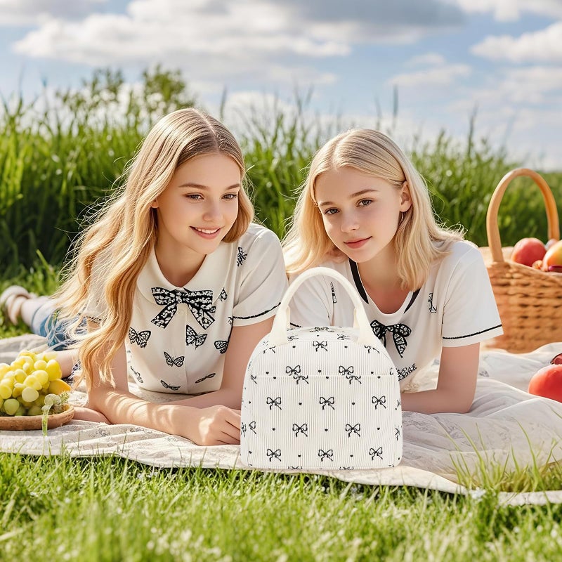 EurCross Cute Bow Tie Lunch Bag for Girls, Ivory Corduroy Insulated Lunch Bag for Two-Meal Space Perfect for School Days, Commuting, fits Bento Boxes, Round Containers, Designer Lunchboxes - Image 2