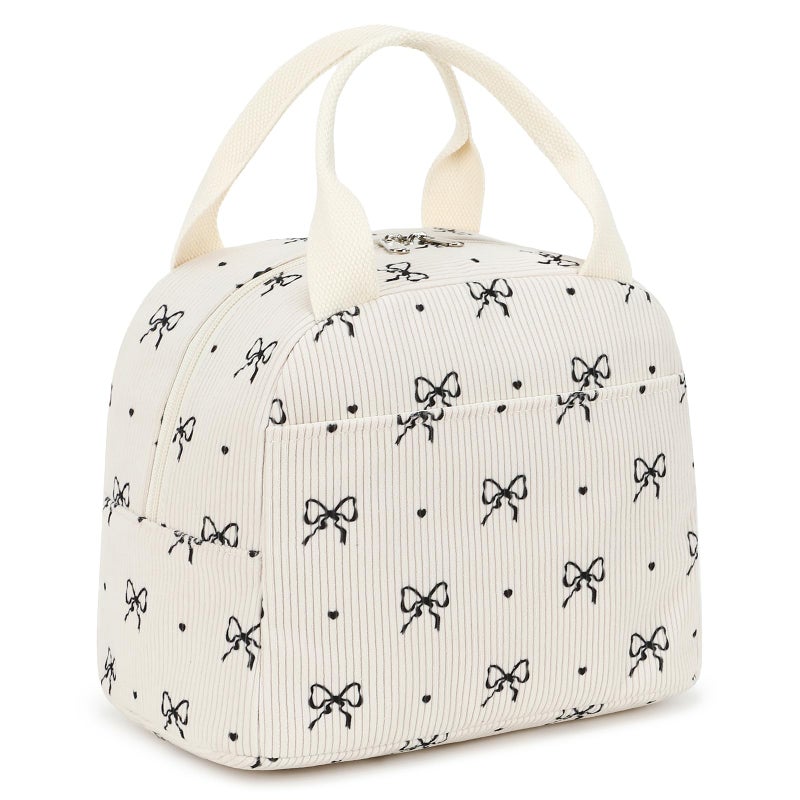 EurCross Cute Bow Tie Lunch Bag for Girls, Ivory Corduroy Insulated Lunch Bag for Two-Meal Space Perfect for School Days, Commuting, fits Bento Boxes, Round Containers, Designer Lunchboxes - Image 1