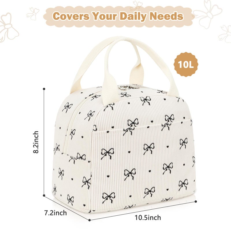 EurCross Cute Bow Tie Lunch Bag for Girls, Ivory Corduroy Insulated Lunch Bag for Two-Meal Space Perfect for School Days, Commuting, fits Bento Boxes, Round Containers, Designer Lunchboxes - Image 3
